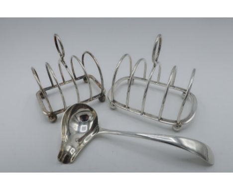 Hallmarked silver five bar toast rack, Sheffield 1930 by Atkin Brothers (L.7cm), another Birmingham 1944 by S.W.Smith &amp; C