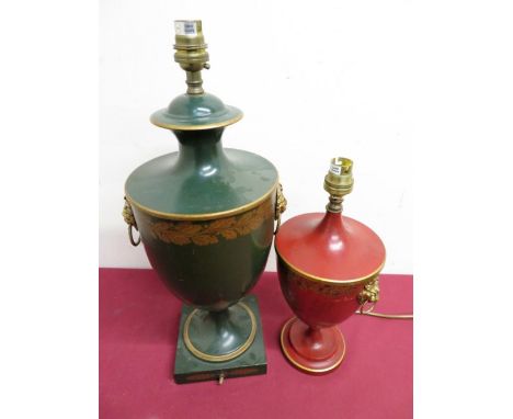 Green and gilt Toleware urn shaped table lamp on square base and lion mask handles (45cm high), and another similar smaller r