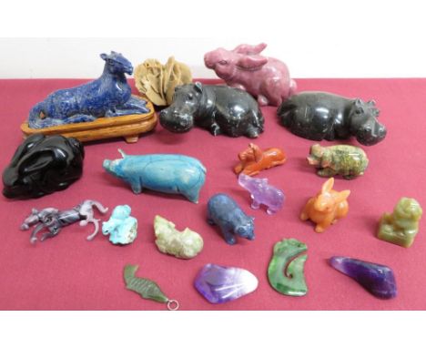 A blue polished Lapis-lazuli model of a Chinese horse on hardwood stand, other polished hardstone models of animals etc (15) 