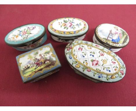Collection of 5, 18th C and later enamel patch-type boxes of square and oval form with various floral detail, one with panel 