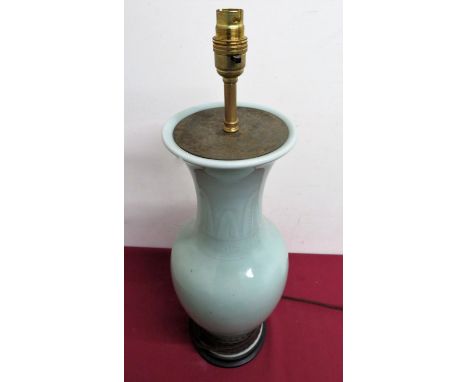 Chinese pale green glaze Celadon type vase converted to a electric table lamp, on turned ebonised base (H60cm) 