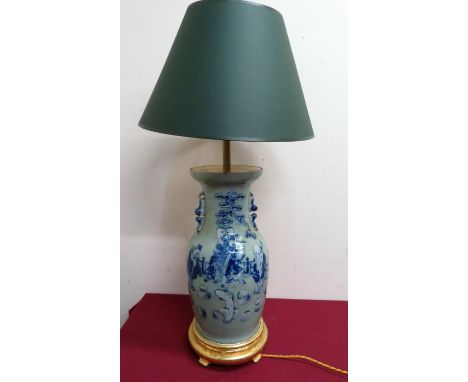 A large Chinese blue and white vase with Celadon glaze table lamp with twin Dog of Foe handles, on turned gilt base (H30cm) 