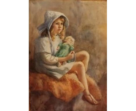 English School (early 20th C): Full length portrait study of a young girl seated with a doll, watercolour, signed with monogr