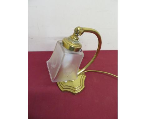 Early 20th C brass adjustable desk lamp, with etched frosted glass shade (H26cm) 