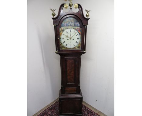 19th C Scottish mahogany long case clock with painted pendulum, the arch dial signed W. Young Dundee, with two subsidiary dia