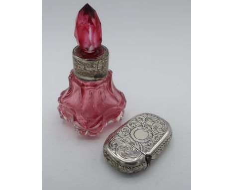 Victorian hallmarked silver rounded rectangular vesta, engraved with scrolls, Birmingham 1867 and a Geo.V ruby cut glass scen