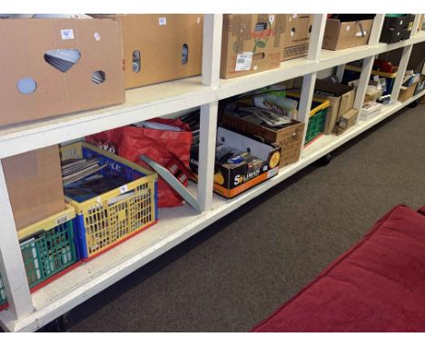 Full shelf of model railway engines, carriages, rolling stock, track and accessories including Graham Farish, Trix Twin, etc.