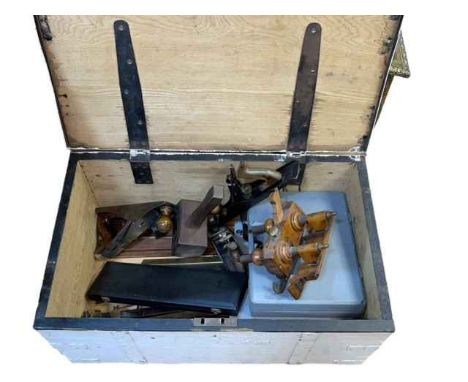 Large pine tool box containing a good collection of tools including planes, Marple mallet, etc.