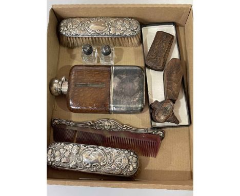 Two silver backed brushes and comb, three treen boxes, spirit flask and picnic condiments (8).