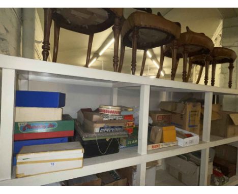 Full shelf of vintage games, toys, children's and other books, two Bayko Building sets, cigarette cards, etc.