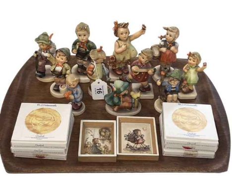 Eleven Hummel figures, six small dishes and two prints.