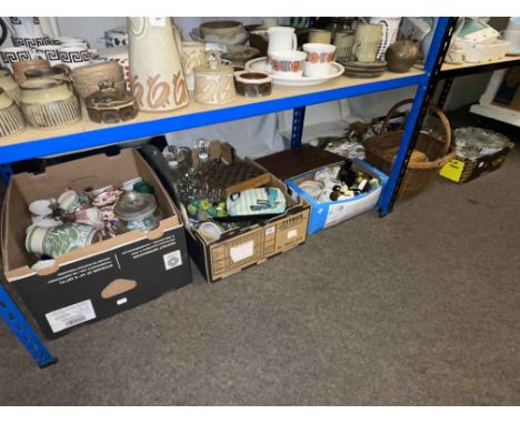 Five boxes of china and glass, cutlery, dolls, Hummel figures, Malachite vase, Poole vase, scent bottles, etc.