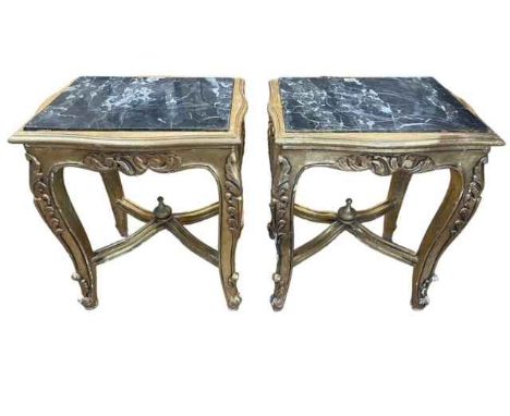 Pair gilt and marble topped lamp tables, 55cm by 49cm by 41cm.