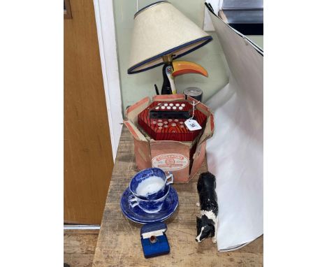Carlton Ware My Guinness toucan lamp, German concertina, ring, Maling, etc.