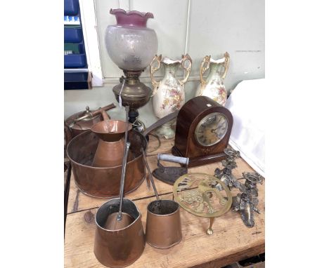 Edwardian inlaid mantel clock, Victorian etched glass oil lamp, copper jam pan, copper kettle, brass candlesticks, vases, etc