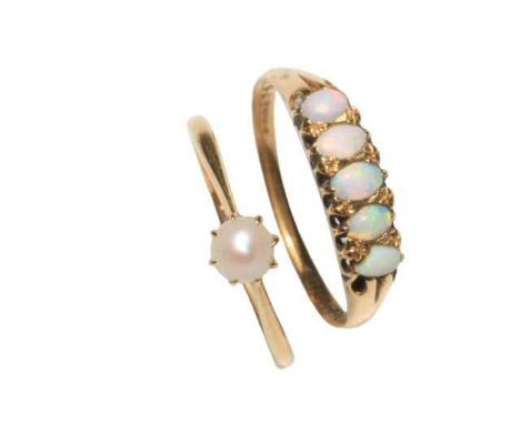 Opal five stone 18 carat gold ring, size Q, and 18 carat gold pearl ring (2).