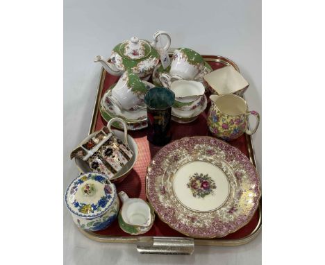 Paragon Rockingham nine piece tea for two, Royal Winton cream jug, sugar bowl, Royal Worcester floral plate, Royal Crown Derb