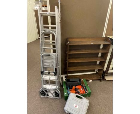 Three pairs of aluminium steps, folding sack barrow and box of power tools.
