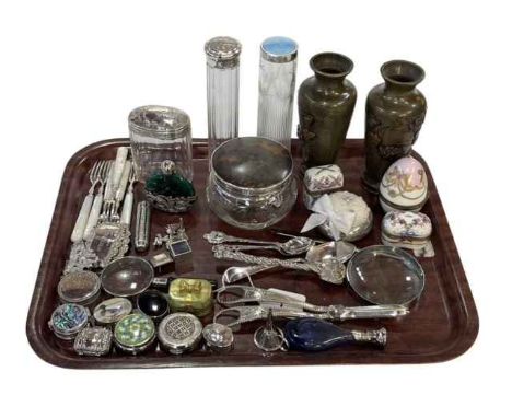 Pair of bronzed floral decorated vases, silver and tortoiseshell topped powder bowl, silver topped toilet bottles, pill boxes