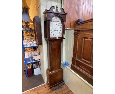 Antique oak cased eight day longcase clock having fruit and floral painted arched dial, signed T. Rutherford, Jedburgh, 212cm