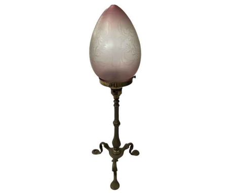 Edwardian brass railway carriage lamp with etched cranberry shade, 45cm.