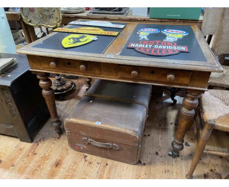 Victorian oak two drawer writing table and vintage canvas bound trunk (2).