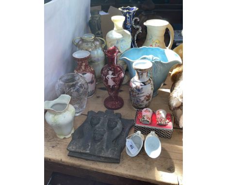 Collection of vases including Mary Gregory ruby glass, Oriental etc, and three lead fire plaques.