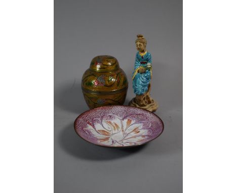 A Collection of Oriental Items to include Stoneware Study of Seated Stoneware Maiden, 17cms High, Enamelled Brass Tea Caddy/G