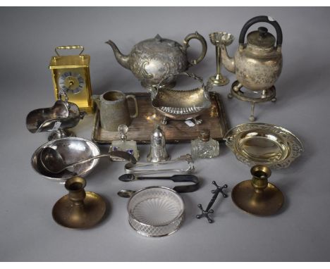A Collection of Metalwares to Include Coal Scuttle Shaped Salt, Kettle, Brass Candlesticks, Ladle, Basket, Sugar Tongs etc 