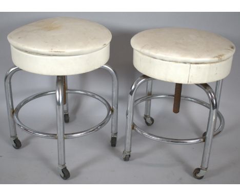 A Pair of Vintage Circular Topped Chrome Based Stools on Casters, 38cm Diameter 