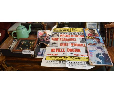 A Collection of Boxing Ephemera to Include Magazines, Posters, Tension Meter, Sporting Clock Enamelled Teapot 