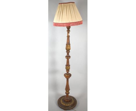 A Gilt Decorated Turned Wooden Standard Lamp and Shade 