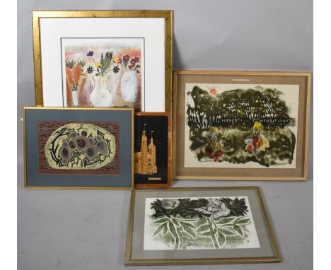 A Collection of Four Prints and a Straw Work Church 