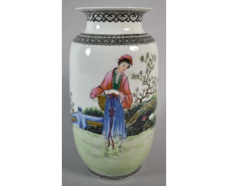 A Chinese Cylindrical Vase with Fine Polychrome Decoration Depicting Woman with Basket in Garden, Chinese Characters Verso an