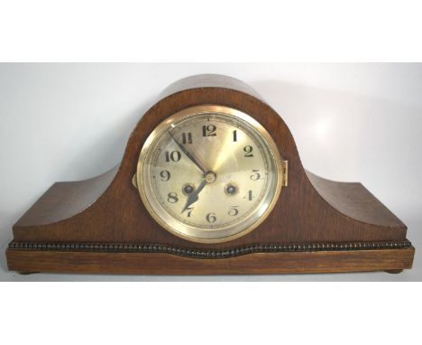 An Oak Napoleon Hat Mantle Clock with Key and Pendulum, 40cm Wide 