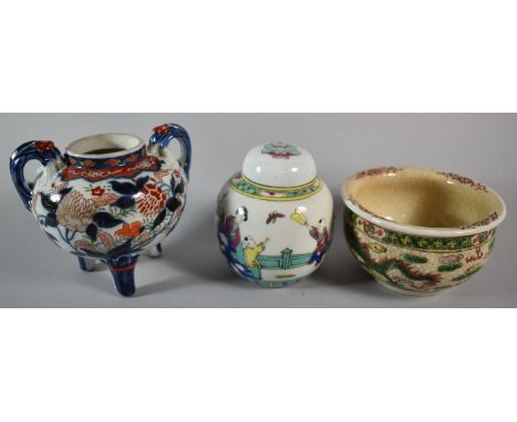 A Collection of Three Oriental Items to Include Japanese Ceramic Imari Pallet Koro, Small Famille Vase Ginger Jar with Lid an