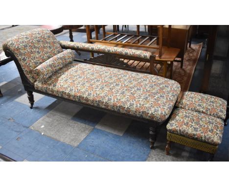 A Recently Reupholstered Edwardian Chaise Longue in Floral Tapestry Fabric with Pair of Barley Twist Oak Framed Stools in Sim