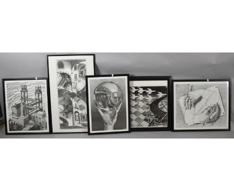 A Collection of Four Monochrome Escher Prints and a Framed Puzzle