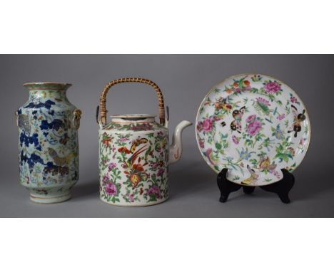 A Collection of Three Pieces of 19th Century Chinese Famille Rose Canton Export to Include Teapot, Plate and Vase Housing Sto