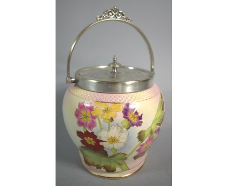 A Carlton Ware Ceramic Biscuit Barrel with Silver Plated Lid and Carrying Handle, Decorated with Flowers 