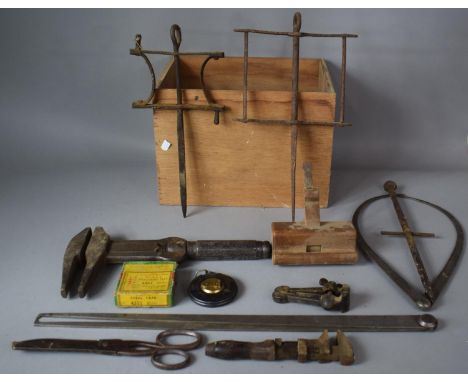 A Box Containing Vintage Tools, Calipers, String Winder etc 
