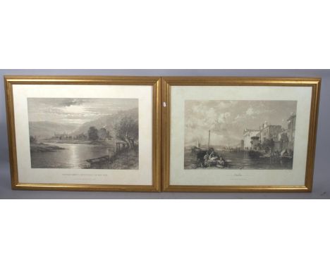 A Pair of Gilt Framed Monochrome Framed Prints, "Tintern Abbey, Moonlight on the Wye" and "Venice", Each 63cm wide 