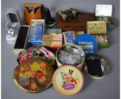 A Collection of Curios to Include Opera Glasses, Wrist Watch, Playing Cards, Radio, Musical Box, Vintage Tins etc 