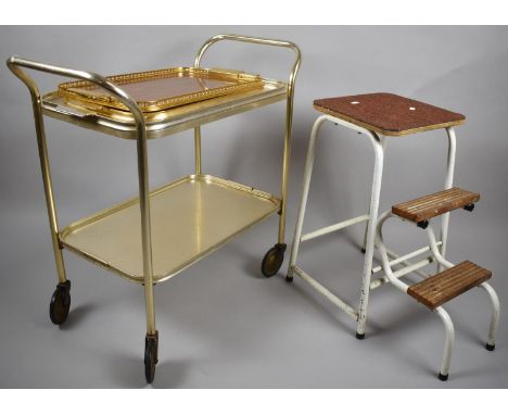 A Vintage Metal Framed Step Stool, Tray Trolley and Two Trays 