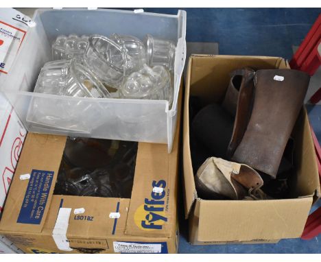 A Box of Leather Gaiters and Vintage White Cricket Boots, Together with Box of Glass Jelly Moulds and Drinking Glasses 