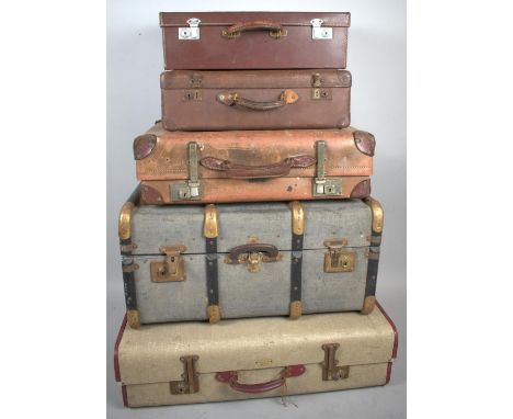 A Collection of Three Vintage Leather Suitcases and Two Travelling Trunks 