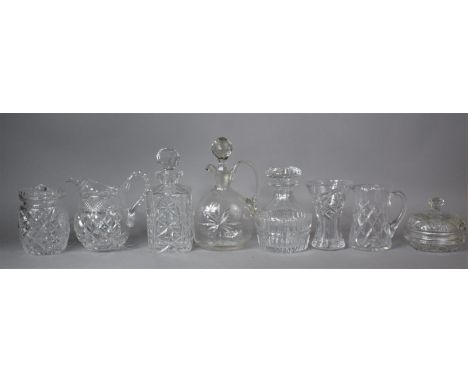 A Collection of Good Quality Cut Glass to Include Spirit Decanter, Jug, Lidded Pot, Vase, Decanters etc 