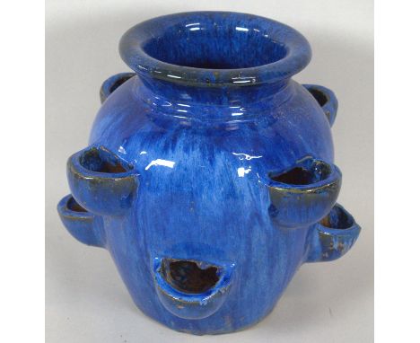 A Blue Glazed Terracotta Strawberry Planter, 36cm high 
