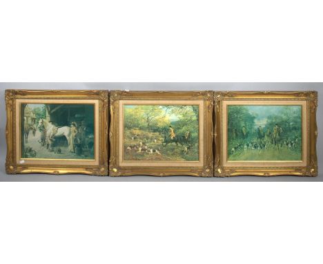 Three Gilt Framed Textured Prints Depicting Hunting Scenes and Blacksmith, Framed 54x45cm 