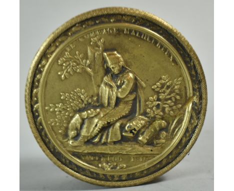 A Napoleonic Circular Pressed Metal and Leather Snuff Box decorated with Seated Defeated Soldier, "Le Courage Malheureux, Wat